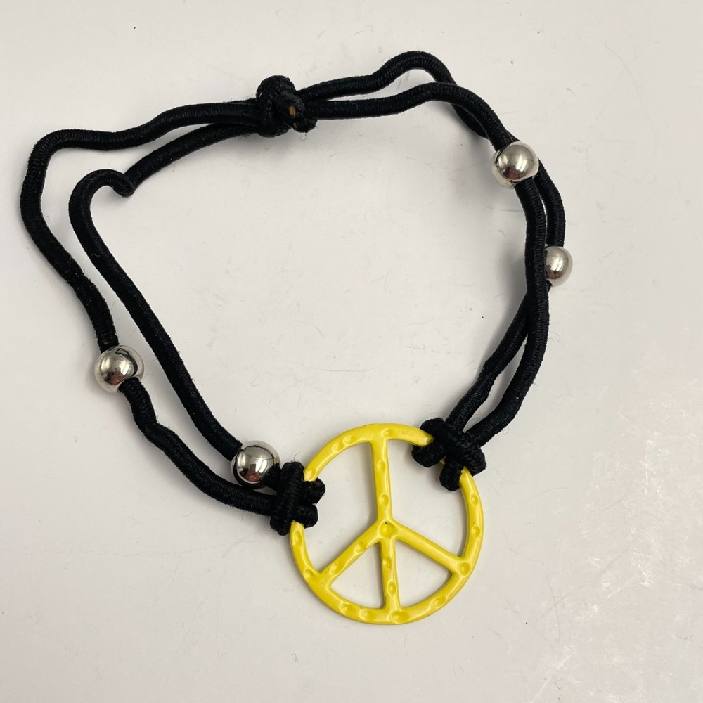 Vintage Y2K Silver Tone Beaded Yellow Charm Peace Sign Bracelet Black Cord Boho